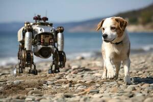 AI Generative. A puppy and a small robot on wheels move together along the coast road during the daytime. Horizontal photo