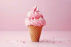 AI generative. Pink Christmas ice cream in a waffle cone on a soft pink background decorated with pink silver decorations photo