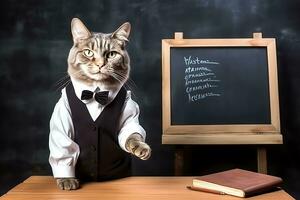 The cat teacher in a white shirt and vest poses against the background of a dark school board and a desk.  AI Generative photo