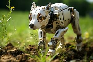 AI Generative. A robot dog moves across a field during the daytime. Horizontal photo