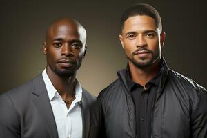 Two adult men of mixed and African American race in formal wear pose against a dark background. Young men look at the camera seriously. AI Generative photo