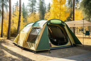 A large tourist tent stands on a lawn in the middle of a forest in autumn morning sunny weather. AI Generative photo