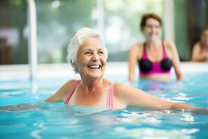 mayor contento mujer hacer agua aeróbicos en el interior piscina. mujer Mira a el instructor y repetir el ejercicios. ai generativo foto