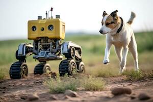 AI Generative. A puppy and a small robot on wheels move together along a road in a field during the daytime. Horizontal photo