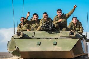 ai generativo. israelí soldados paseo en un tanque, Mira a el cámara y sonrisa foto
