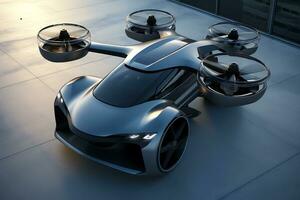 AI generative. Flying car, car and  drone. The concept of transport of the future. photo