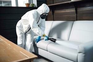 AI Generative. A disinfectant in a protective suit sprays furniture to get rid of bed bugs photo