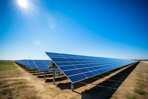 azul fotovoltaica paneles en luz de sol, aéreo ver de renovable energía de solar poder planta. ai generativo foto