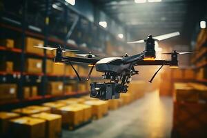 The drone flies around the warehouse and scans barcodes. AI Generative photo