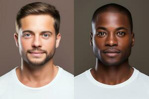 dos retratos en uno foto. caucásico y africano americano hombre posando en contra un marrón antecedentes en blanco camisetas.. ai generativo foto