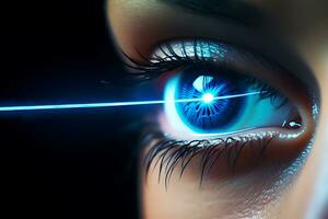 Laser vision correction. Woman's eye. Human eye. Woman eye with laser correction. Eyesight concept. AI Generative photo