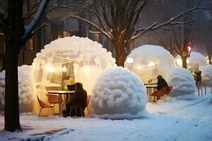 AI Generative. City landscape in winter. Cafes in the shape of glowing New Year's balls stand in a row along a snow-covered street. Horizontal illustration photo