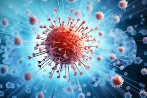 ai generativo. diseño presentando el ba.2.86 pirola coronavirus nuevo variante, con un prominente virus firmar en sorprendentes colores. foto