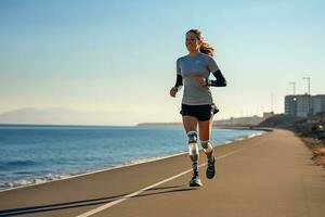 prótesis en el piernas de un joven discapacitado mujer. mujer corriendo a lo largo el la carretera a lo largo el mar en soleado clima. ai generativo foto