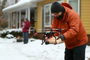 AI generative. A drone delivers an order in a package to the door of a house in snowy winter weather. A man in front of the house receives an order photo