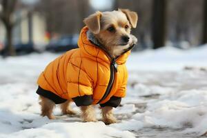 AI Generative. Small domestic dog in a warm orange jacket posing on a city street in winter photo