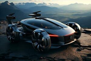 AI generative.The design of the car of the future in a dark color, with a streamlined body and huge wheels. photo