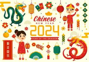 contento chino nuevo año 2024 vector ilustración. Traducción año de el continuar. con flor, linterna, dragones y China elementos en antecedentes
