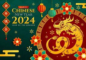 contento chino nuevo año 2024 vector ilustración. Traducción año de el continuar. con flor, linterna, dragones y China elementos en antecedentes