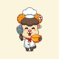 Chef ram sheep cartoon vector with cake dough.