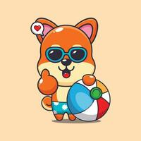 Cute shiba inu in sunglasses with beach ball cartoon illustration. Cute summer cartoon illustration. vector