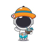 Cute astronaut drink coconut cartoon illustration. Cute summer cartoon illustration. vector