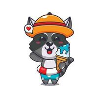 Cute raccoon with ice cream on beach cartoon illustration. Cute summer cartoon illustration. vector