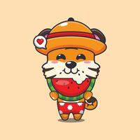 Cute tiger eating fresh watermelon cartoon illustration. Cute summer cartoon illustration. vector