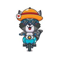 Cool raccoon with sunglasses riding a motorcycle in summer day. Cute summer cartoon illustration. vector