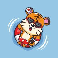 Cute tiger in sunglasses float with buoy. Cute summer cartoon illustration. vector