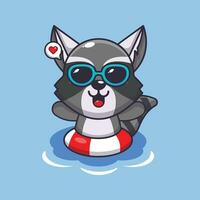 Cute raccoon in sunglasses swimming on beach. Cute summer cartoon illustration. vector