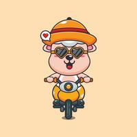 Cool sheep with sunglasses riding a motorcycle in summer day. Cute summer cartoon illustration. vector