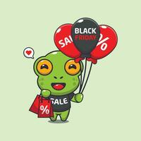 cute frog with shopping bag and balloon at black friday sale cartoon vector illustration