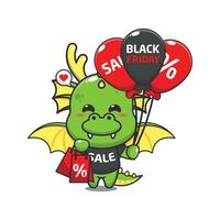 cute dragon with shopping bag and balloon at black friday sale cartoon vector illustration