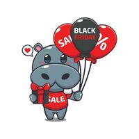 cute hippo with gifts and balloons in black friday sale cartoon vector illustration