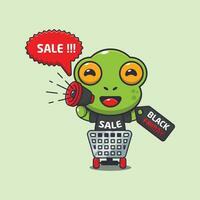 cute frog in shopping cart is promoting black friday sale with megaphone cartoon vector illustration