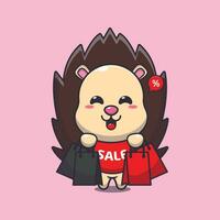 cute hedgehog with shopping bag in black friday sale cartoon vector illustration
