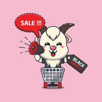 cute goat in shopping cart is promoting black friday sale with megaphone cartoon vector illustration