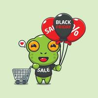 cute frog with shopping cart and balloon at black friday sale cartoon vector illustration