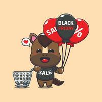 cute horse with shopping cart and balloon at black friday sale cartoon vector illustration