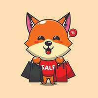 cute fox with shopping bag in black friday sale cartoon vector illustration