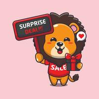 cute lion with promotion sign and gift box in black friday sale cartoon vector illustration