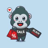 cute gorilla with shopping bag and black friday sale discount cartoon vector illustration