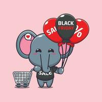 cute elephant with shopping cart and balloon at black friday sale cartoon vector illustration