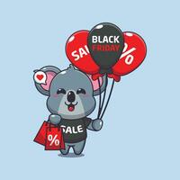 cute koala with shopping bag and balloon at black friday sale cartoon vector illustration