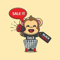 cute monkey in shopping cart is promoting black friday sale with megaphone cartoon vector illustration