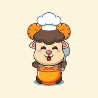 Chef ram sheep cartoon vector with soup.