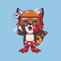 Cute red panda diving cartoon mascot character illustration. Cute summer cartoon illustration. vector