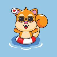 Cute squirrel in sunglasses swimming on beach. Cute summer cartoon illustration. vector