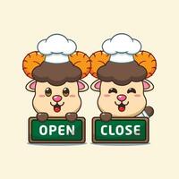 Chef ram sheep cartoon vector with open and close board.